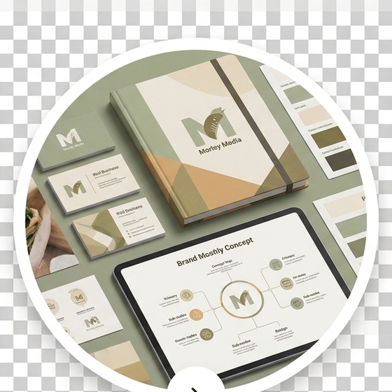 Brand identity mockups including notebook, business cards and colour palette