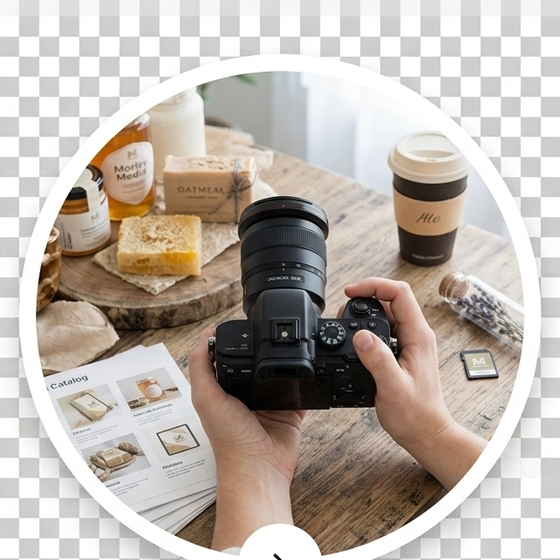 Hands holding a camera photographing artisan products on a wooden table