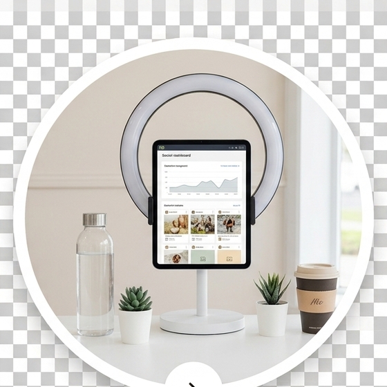 Tablet on a ring-light stand showing a social media dashboard